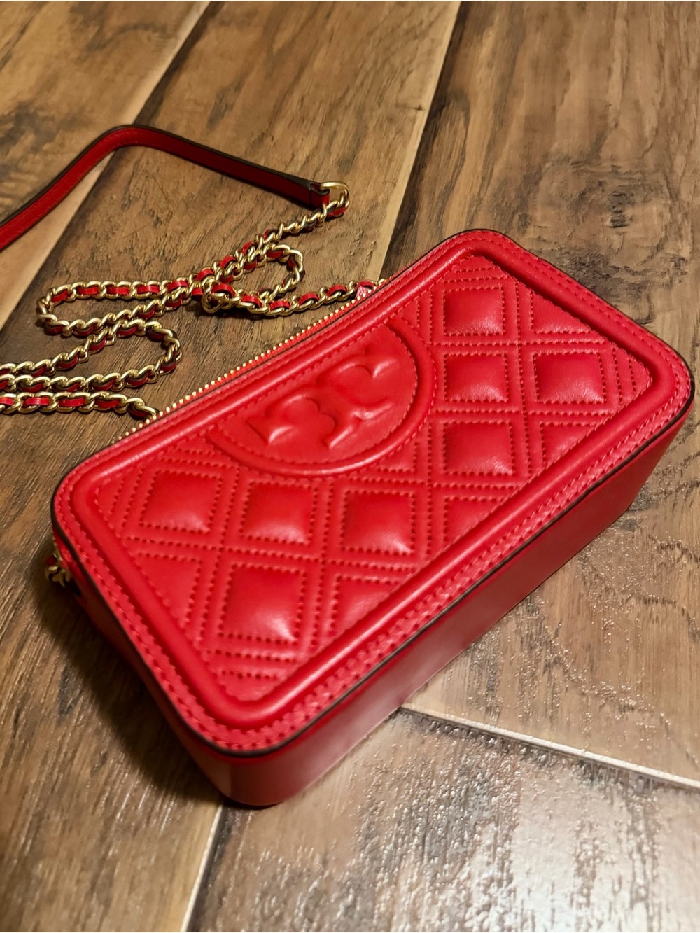Tory Burch Red Quilted Leather Crossbody Bag with Gold Chain